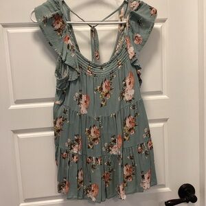 Altar'd State Floral Ruffle Blouse - Green and Peach